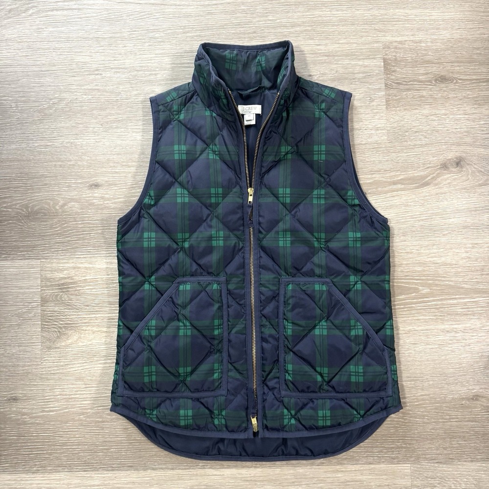 J. Crew Blue Green Tartan Plaid Quilted Puffer Down Vest Women's‎ Size XS